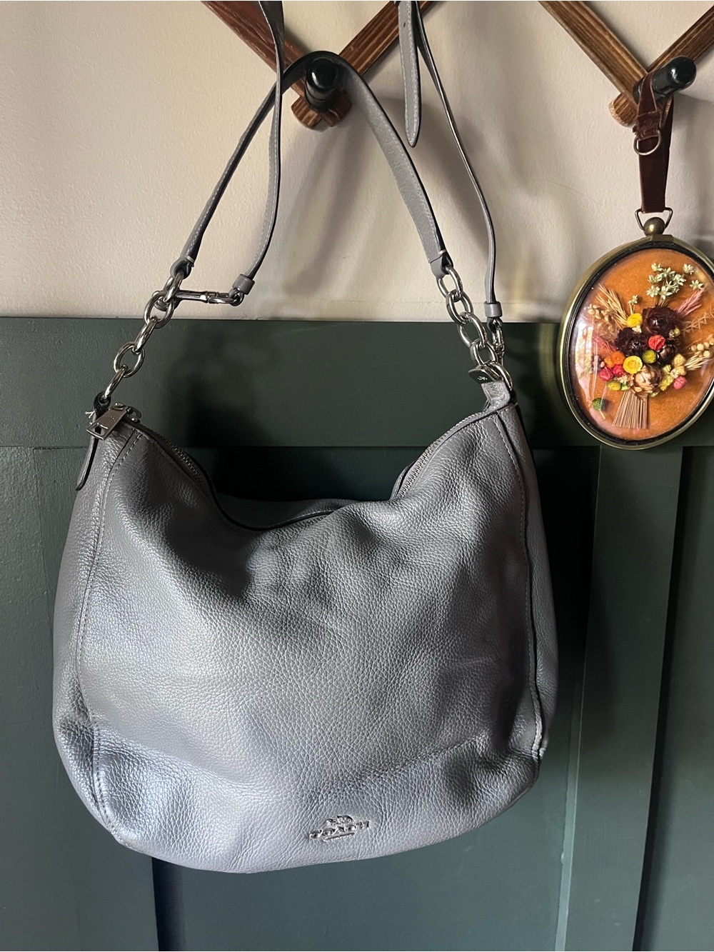 Coach Pebbled Leather Shoulder Hobo in Gray